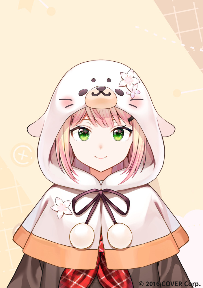 1girl animal_hood brown_shirt capelet closed_mouth gradient_hair green_eyes hair_ornament hairclip hololive hood hood_up hooded_capelet kagawa_ichigo looking_at_viewer momosuzu_nene multicolored_hair neckerchief official_art pink_hair red_neckerchief seal_hood shirt smile solo upper_body watermark white_capelet