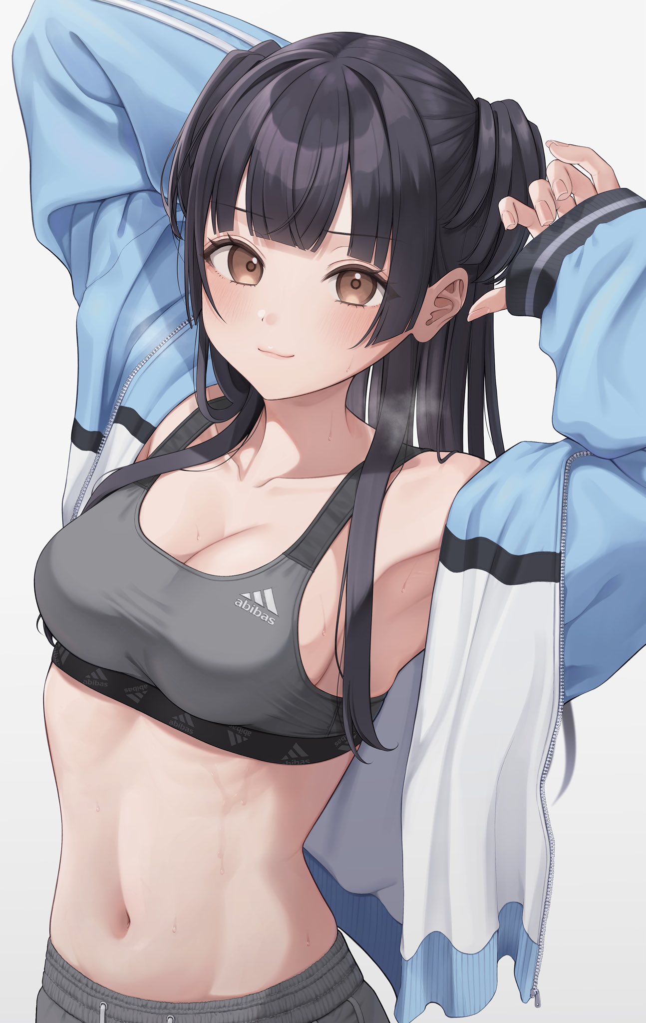 1girl arms_up bangs black_hair blunt_bangs blush breasts brown_eyes closed_mouth collarbone eyebrows_visible_through_hair gradient gradient_background heavy_breathing highres idolmaster idolmaster_shiny_colors jacket long_hair long_sleeves looking_at_viewer mayuzumi_fuyuko medium_breasts navel open_clothes open_jacket ribs shiny shiny_hair sleeves_past_wrists solo sports_bra stomach sweat symbol-only_commentary takio_(kani_sama) white_background