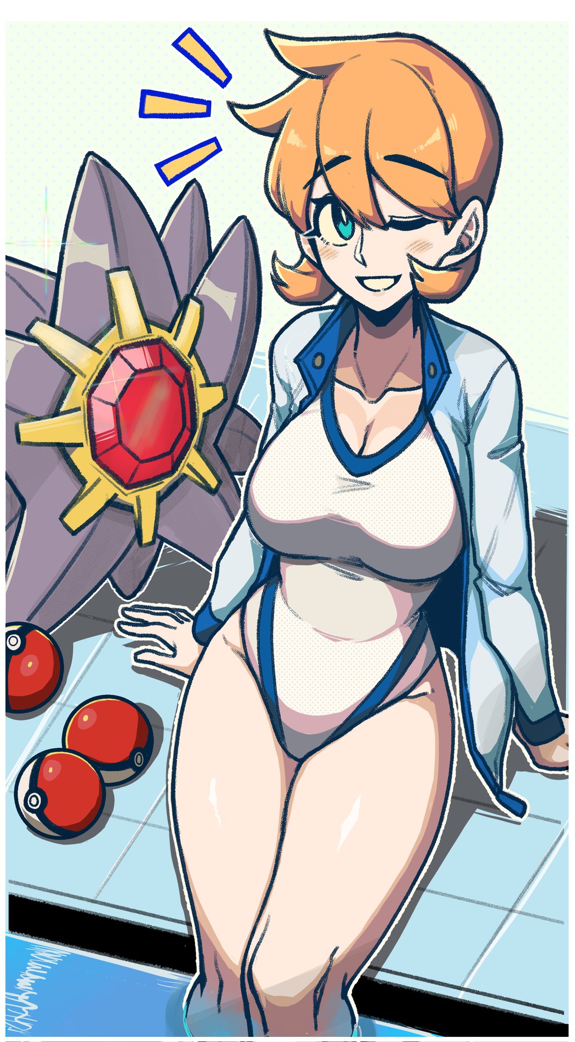 1girl arm_support bangs blue_eyes blush breasts commentary competition_swimsuit eyebrows_visible_through_hair highres jacket long_sleeves looking_at_viewer masgamjya medium_breasts misty_(pokemon) one-piece_swimsuit one_eye_closed open_clothes open_jacket orange_hair partially_submerged poke_ball poke_ball_(basic) pokemon pokemon_(creature) pokemon_(game) pokemon_hgss pool poolside short_hair sitting smile soaking_feet starmie swimsuit thighs water