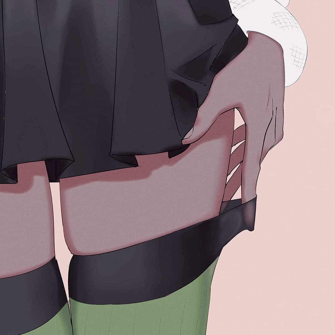 1girl adjusting_clothes adjusting_legwear animal animal_on_arm black_skirt deer_(deer423-81) demon_slayer_uniform fingernails green_legwear kaburamaru kanroji_mitsuri kimetsu_no_yaiba looking_at_viewer lower_body miniskirt red_background see-through simple_background skindentation skirt snake solo_focus thigh-highs thigh_gap white_snake zettai_ryouiki