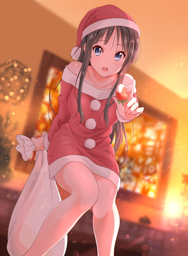 1girl :d akiyama_mio bag bangs black_hair blue_eyes collarbone commentary_request dresstrip eyebrows_visible_through_hair food fruit hat hime_cut holding holding_bag holding_food holding_fruit indoors k-on! long_hair looking_at_viewer open_mouth santa_costume santa_hat smile solo strawberry thighs