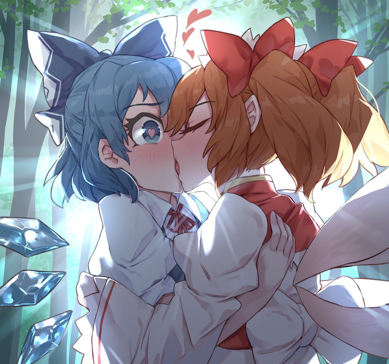 2girls blue_bow blue_dress blue_eyes blue_hair blush bow cirno closed_eyes dress french_kiss hair_bow heart heart-shaped_pupils highres ice ice_wings kiss multiple_girls orange_hair ribbon senmura short_hair sunny_milk symbol-shaped_pupils touhou twintails wings yuri