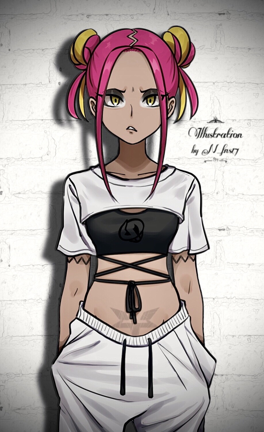 1girl against_wall alternate_costume alternate_hairstyle blonde_hair brick_wall commentary_request cropped_shirt echizen_(n_fns17) eyeshadow frown hands_in_pockets highres long_hair looking_at_viewer makeup multicolored_hair pants parted_lips pink_hair plumeria_(pokemon) pokemon pokemon_(game) pokemon_sm shirt solo stomach_tattoo tattoo team_skull two-tone_hair white_pants white_shirt yellow_eyes