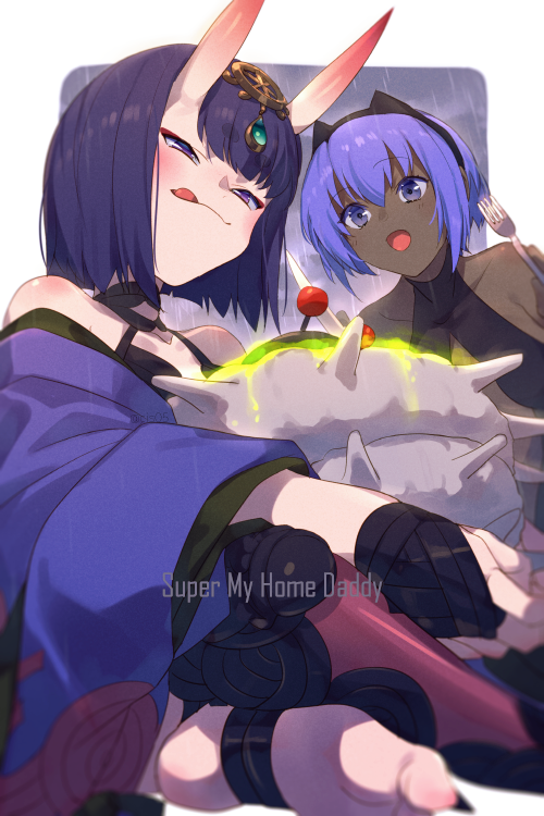 2girls bangs bare_shoulders bob_cut breasts echo_(circa) eyeliner fate/grand_order fate/prototype fate/prototype:_fragments_of_blue_and_silver fate_(series) hassan_of_serenity_(fate) headpiece horns japanese_clothes kimono long_sleeves makeup multiple_girls oni oni_horns purple_hair purple_kimono revealing_clothes short_hair shuten_douji_(fate) skin-covered_horns small_breasts violet_eyes wide_sleeves