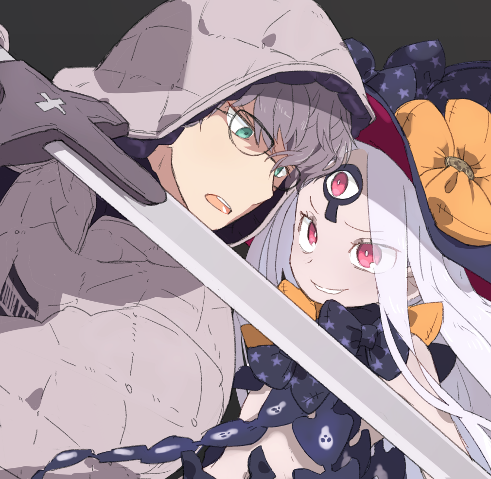 1boy 1girl abigail_williams_(fate) bangs bare_shoulders black_bow black_headwear blush bow breasts colored_skin fate/grand_order fate/grand_order_arcade fate_(series) forehead glasses green_eyes grey_hair grey_jacket grin hair_bow hat hood hood_up hooded_jacket jacket jacques_de_molay_(fate) keyhole long_hair long_sleeves moruka_(karupattyo03) multiple_bows open_mouth orange_bow parted_bangs polka_dot polka_dot_bow red_eyes short_hair small_breasts smile sword thighs third_eye weapon white_hair white_skin witch_hat