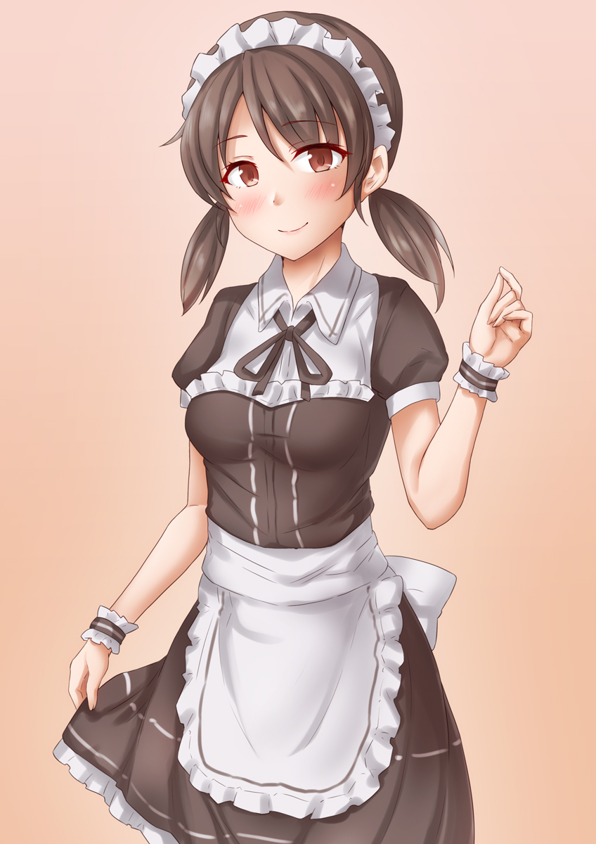 alternate_costume anti_(untea9) apron dress enmaided frilled_apron frilled_dress frills gradient gradient_background highres kantai_collection maid maid_headdress pink_background puffy_short_sleeves puffy_sleeves shirayuki_(kancolle) short_sleeves waist_apron white_apron wrist_cuffs