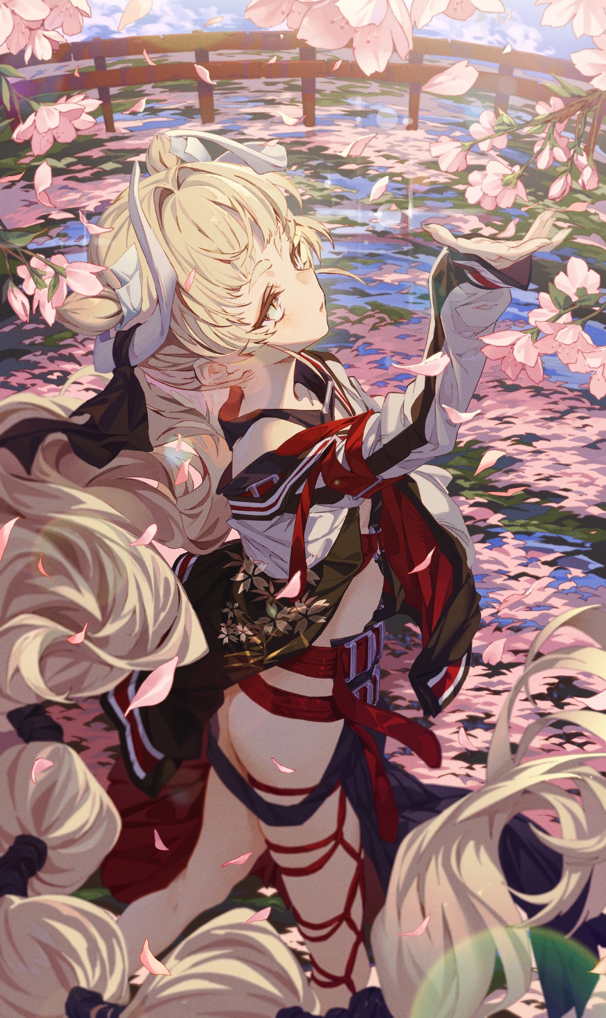 1girl arm_up blonde_hair day double_bun floating_hair flower from_side hair_ornament highres hxxg jacket long_hair long_sleeves looking_away multi-tied_hair original outdoors parted_lips petals pink_flower solo standing thick_eyebrows very_long_hair white_jacket yellow_eyes
