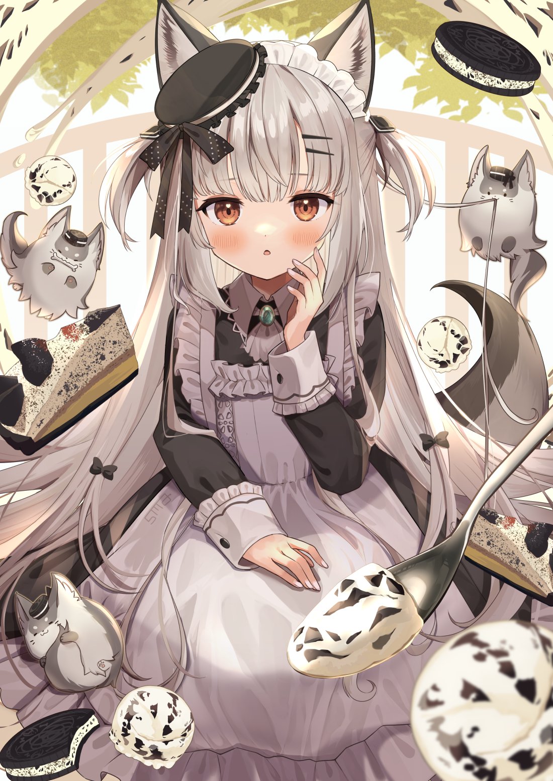 1girl animal_ears apron ascot bangs blush brooch brown_eyes cake character_request commentary_request cookie eyebrows_visible_through_hair food frilled_apron frills goma_(u_p) grey_hair hair_ornament heart heart_in_eye highres jewelry long_hair looking_at_viewer maid maid_apron oreo original sandwich_cookie sitting solo symbol_in_eye tail two_side_up wing_collar