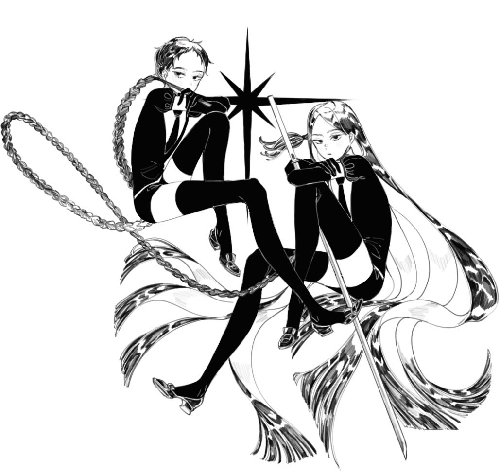 2others absurdly_long_hair alternate_hairstyle arm_on_knee arm_rest bort braid braided_ponytail crossed_arms dual_persona gem_uniform_(houseki_no_kuni) greyscale houseki_no_kuni invisible_chair knee_up long_hair monochrome multiple_others necktie other_focus puffy_short_sleeves puffy_sleeves shiorondo shoes short_sleeves shorts simple_background single_braid sitting straight_hair sword thigh-highs very_long_hair weapon