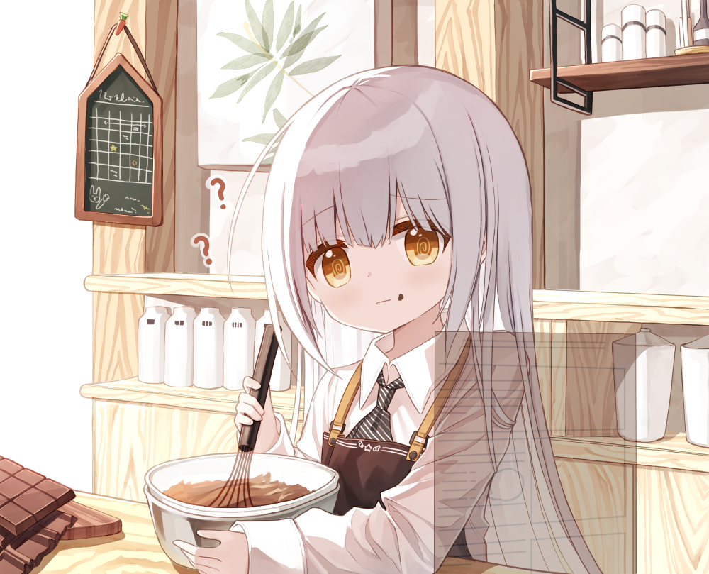 1girl ? ?? @_@ apron bangs black_neckwear blush brown_apron brown_eyes bunny_girl_(yuuhagi_(amaretto-no-natsu)) candy chocolate chocolate_bar chocolate_on_face closed_mouth collared_shirt diagonal-striped_neckwear diagonal_stripes eyebrows_visible_through_hair food food_on_face grey_hair hair_between_eyes holding long_hair long_sleeves mixing_bowl original shirt sleeves_past_wrists solo striped upper_body very_long_hair wavy_mouth whisk white_background white_shirt yuuhagi_(amaretto-no-natsu)