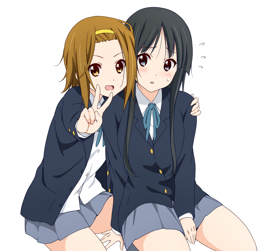 2girls :d akiyama_mio bangs black_hair blazer blue_jacket blue_ribbon blue_skirt blush brown_hair buttons commentary_request dresstrip duplicate embarrassed eyebrows_visible_through_hair hairband hime_cut jacket k-on! long_hair looking_at_viewer miniskirt multiple_girls neck_ribbon open_clothes open_jacket open_mouth ribbon sakuragaoka_high_school_uniform school_uniform shirt short_hair simple_background sitting skirt smile sweatdrop tainaka_ritsu v white_background white_shirt yellow_hairband