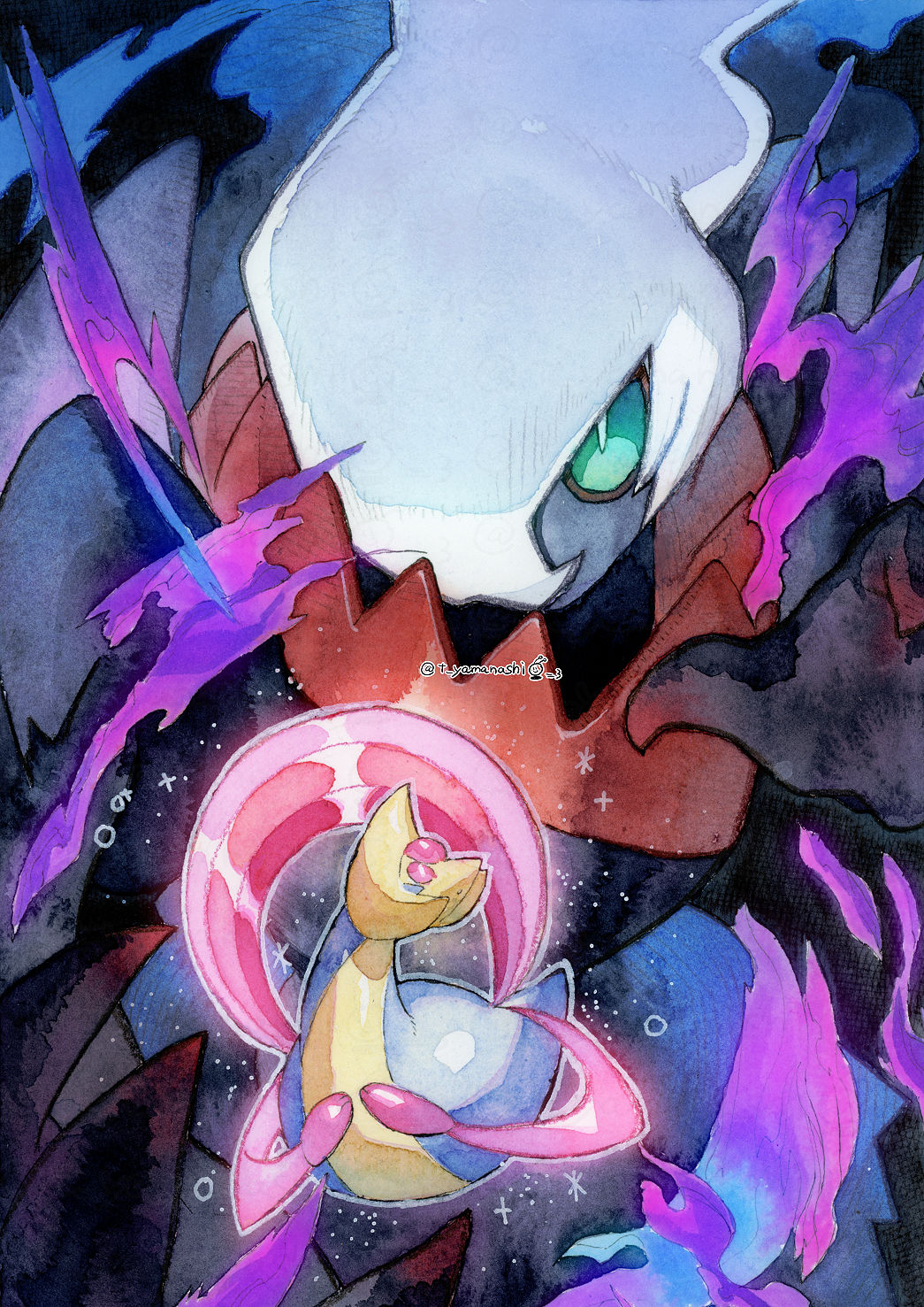 bright_pupils commentary_request cresselia darkrai glowing green_eyes highres looking_back no_humans pink_eyes pokemon pokemon_(creature) sparkle twitter_username white_pupils yamanashi_taiki