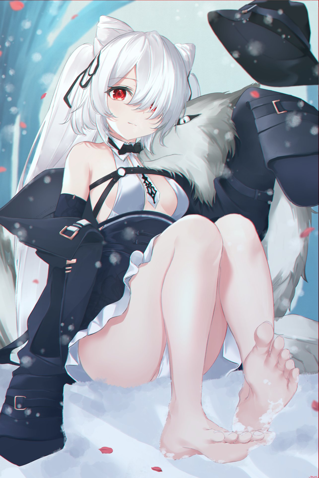 1girl ass azur_lane bangs between_breasts blue_background bow bowtie breasts closed_mouth clothing_cutout coat eyebrows_visible_through_hair feet frilled_skirt frills hair_cones hair_horns hair_ornament hair_over_one_eye hair_ribbon hat highres kiev_(azur_lane) kiev_(backstreet_silver_sonata)_(azur_lane) long_hair looking_at_viewer necktie necktie_between_breasts official_alternate_costume one_eye_covered petals red_eyes ribbon sidelocks silver_hair skirt small_breasts smile snow thighs vayneeeee very_long_hair very_long_sleeves white_necktie wolf