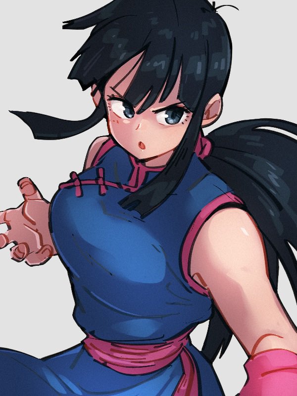 1girl black_eyes black_hair blue_dress breasts chi-chi_(dragon_ball) china_dress chinese_clothes dragon_ball dragon_ball_(classic) dress fighting_stance grey_background kemachiku large_breasts long_hair ponytail simple_background sleeveless solo