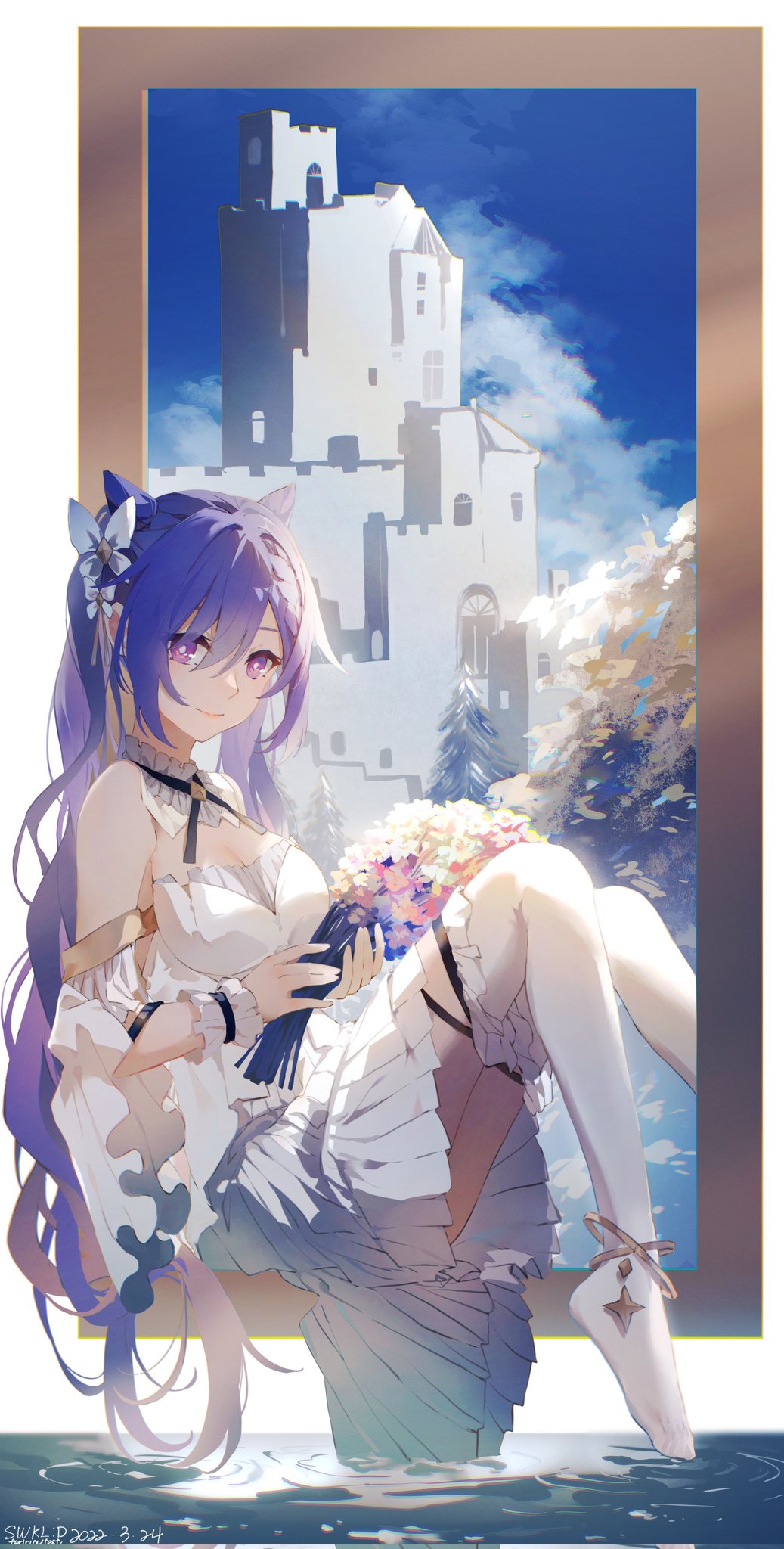 1girl bangs bare_shoulders bouquet braid building detached_sleeves double_bun dress flower genshin_impact hair_cones hair_ornament highres keqing_(genshin_impact) long_hair looking_at_viewer no_shoes purple_hair sitting sitting_in_window sky smile solo swkl:d thigh-highs twintails violet_eyes water white_dress white_legwear