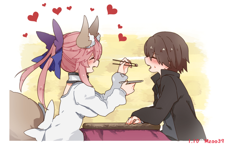 1boy 1girl animal_ear_fluff animal_ears apron artist_name bangs black_shirt blue_bow blush bow breasts brown_hair chopsticks closed_eyes commentary_request detached_collar eyebrows_visible_through_hair fang fate/extra fate/extra_ccc fate_(series) feeding fox_ears fox_girl fox_tail good_end hair_between_eyes hair_bow heart hetero holding holding_chopsticks holding_plate kappougi kishinami_hakuno_(male) kotatsu large_breasts long_hair long_sleeves mzoo39 open_mouth plate shirt split_ponytail sweatdrop table tail tamamo_(fate) tamamo_no_mae_(fate/extra) teeth tsukumihara_academy_uniform_(fate/extra_ccc) twitter_username