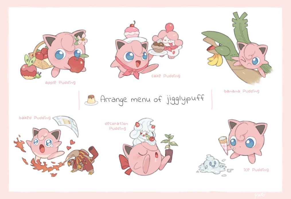 &gt;_o :p alcremie apple applin banana basket blue_eyes border character_name closed_eyes closed_mouth commentary_request drooling fire flower food food_on_face frown fruit happi_xfyg heart heatmor holding holding_food holding_fruit ice_cream ice_cream_cone jigglypuff no_humans one_eye_closed open_mouth paper plate pokemon pokemon_(creature) pudding reaching sleeping slurpuff smile tearing_up tongue tongue_out tropius u_u vanillite white_background