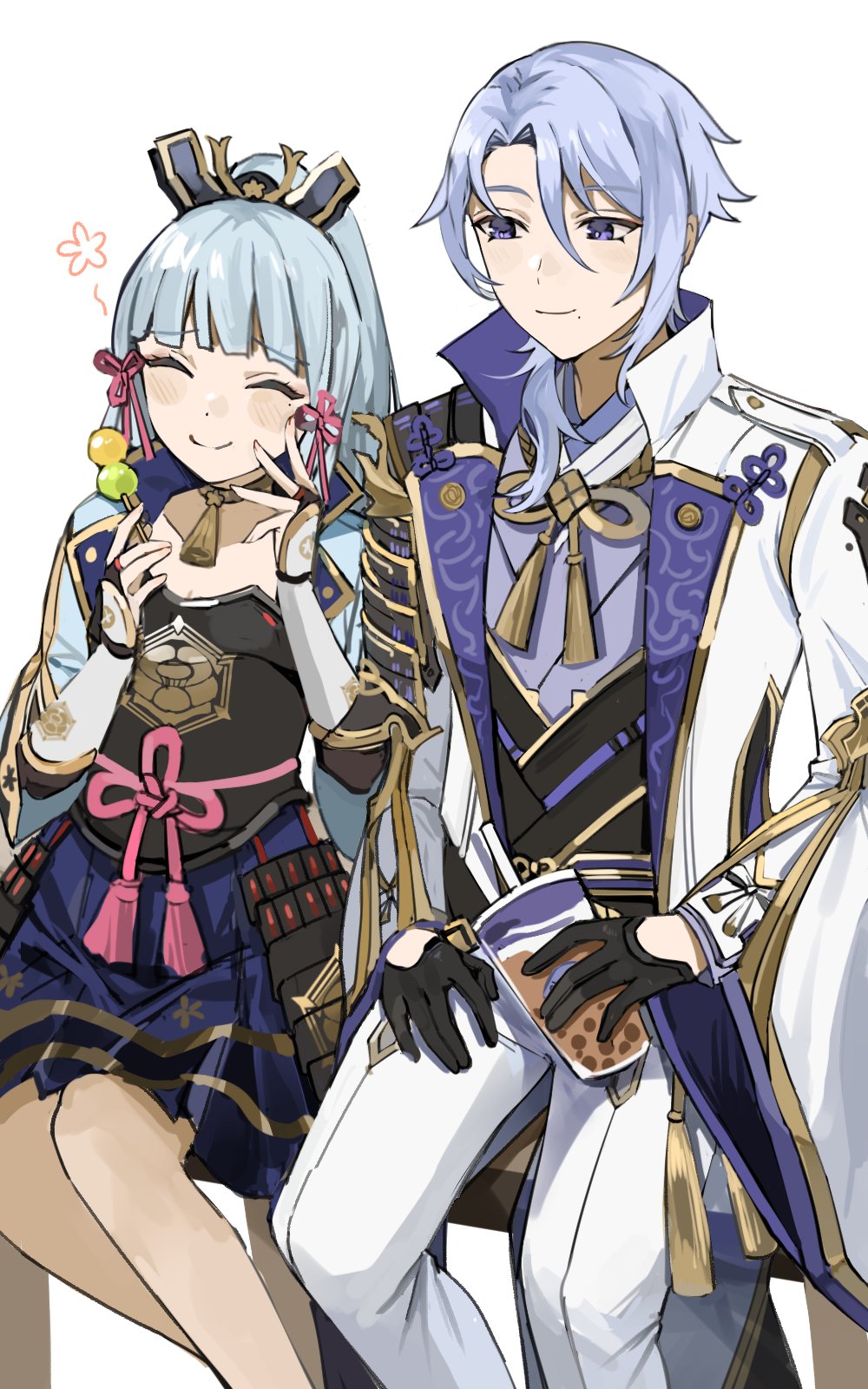 1boy 1girl armor bangs black_gloves blue_hair blunt_bangs blush brother_and_sister bubble_tea choker cup disposable_cup food genshin_impact gloves gyoju_(only_arme_nim) hair_ribbon highres holding holding_cup holding_food japanese_armor japanese_clothes kamisato_ayaka kamisato_ayato long_hair long_sleeves mole mole_under_eye mole_under_mouth pink_ribbon ribbon siblings silver_hair simple_background sitting symbol-only_commentary tassel tress_ribbon violet_eyes white_background wide_sleeves yellow_choker