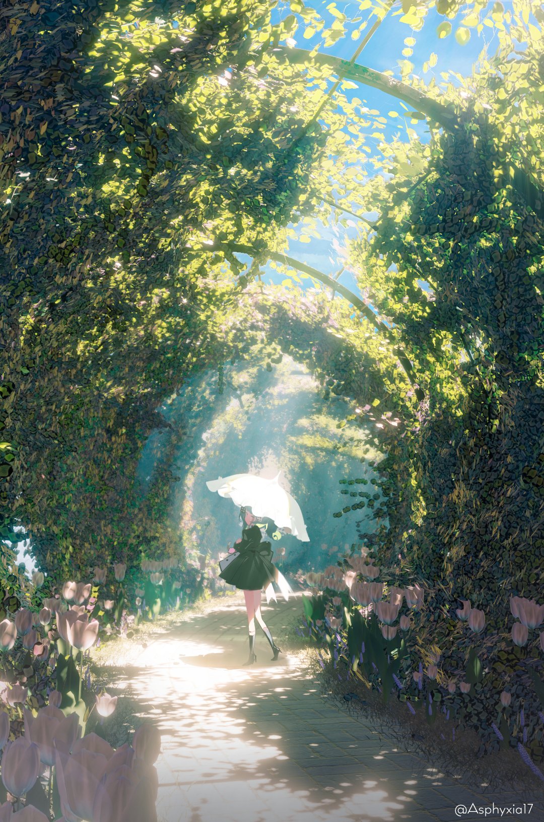 1girl arch asphyxia17 commentary_request day flower grass highres holding holding_umbrella nature original outdoors parasol plaid plaid_skirt shade skirt solo sunlight tree umbrella