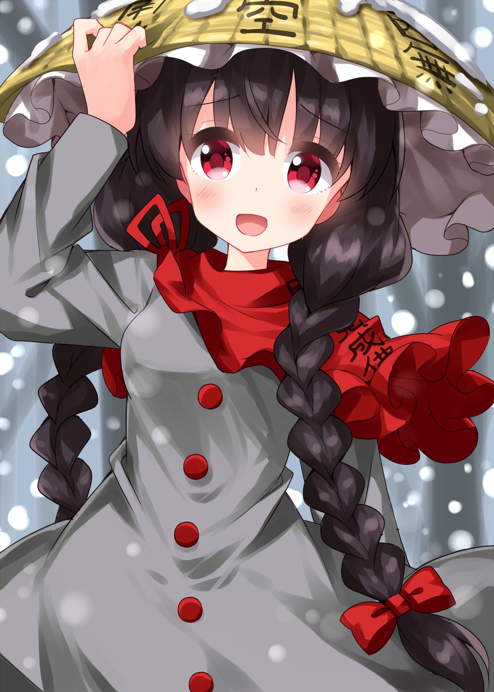 1girl arm_up bangs black_hair blush bow braid breasts buttons capelet clothes_writing commentary_request dress eyebrows_visible_through_hair frills grey_dress hair_between_eyes hair_bow hand_on_headwear hand_up hat highres long_hair long_sleeves looking_to_the_side medium_breasts one-hour_drawing_challenge open_mouth red_bow red_capelet red_eyes ruu_(tksymkw) smile snow snow_on_headwear snowing solo standing tongue touhou tree twin_braids winter yatadera_narumi yellow_headwear