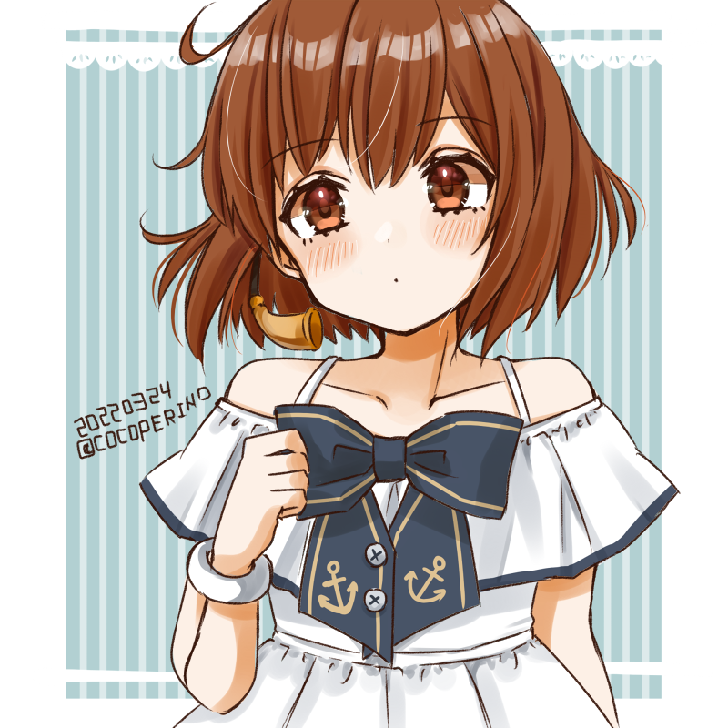 1girl anchor_symbol blue_bow bow bracelet brown_eyes brown_hair cocoperino collarbone commentary_request dated dress jewelry kantai_collection looking_at_viewer official_alternate_costume one-hour_drawing_challenge short_hair solo speaking_tube_headset sundress twitter_username upper_body white_dress yukikaze_(kancolle)