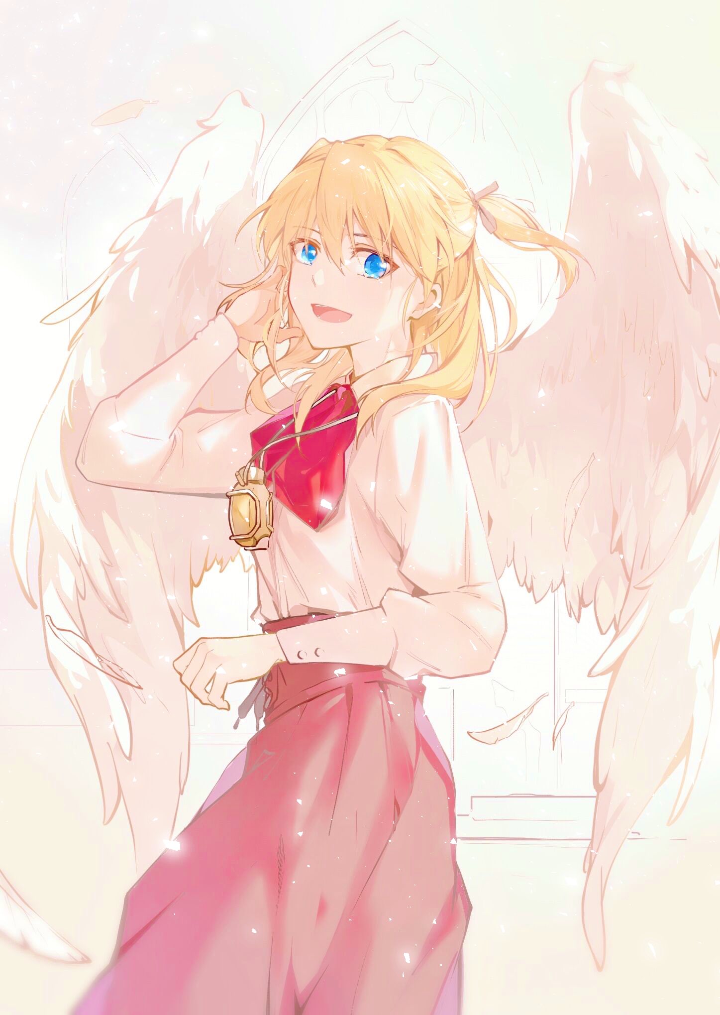 1girl angel_wings blonde_hair blue_eyes bow bowtie brown_skirt casual chrono_crusade feathered_wings highres juliet_sleeves long_skirt long_sleeves looking_at_viewer open_mouth pale_color pocket_watch puffy_long_sleeves puffy_sleeves red_bow rosette_christopher serika_c skirt solo two_side_up watch white_wings wings