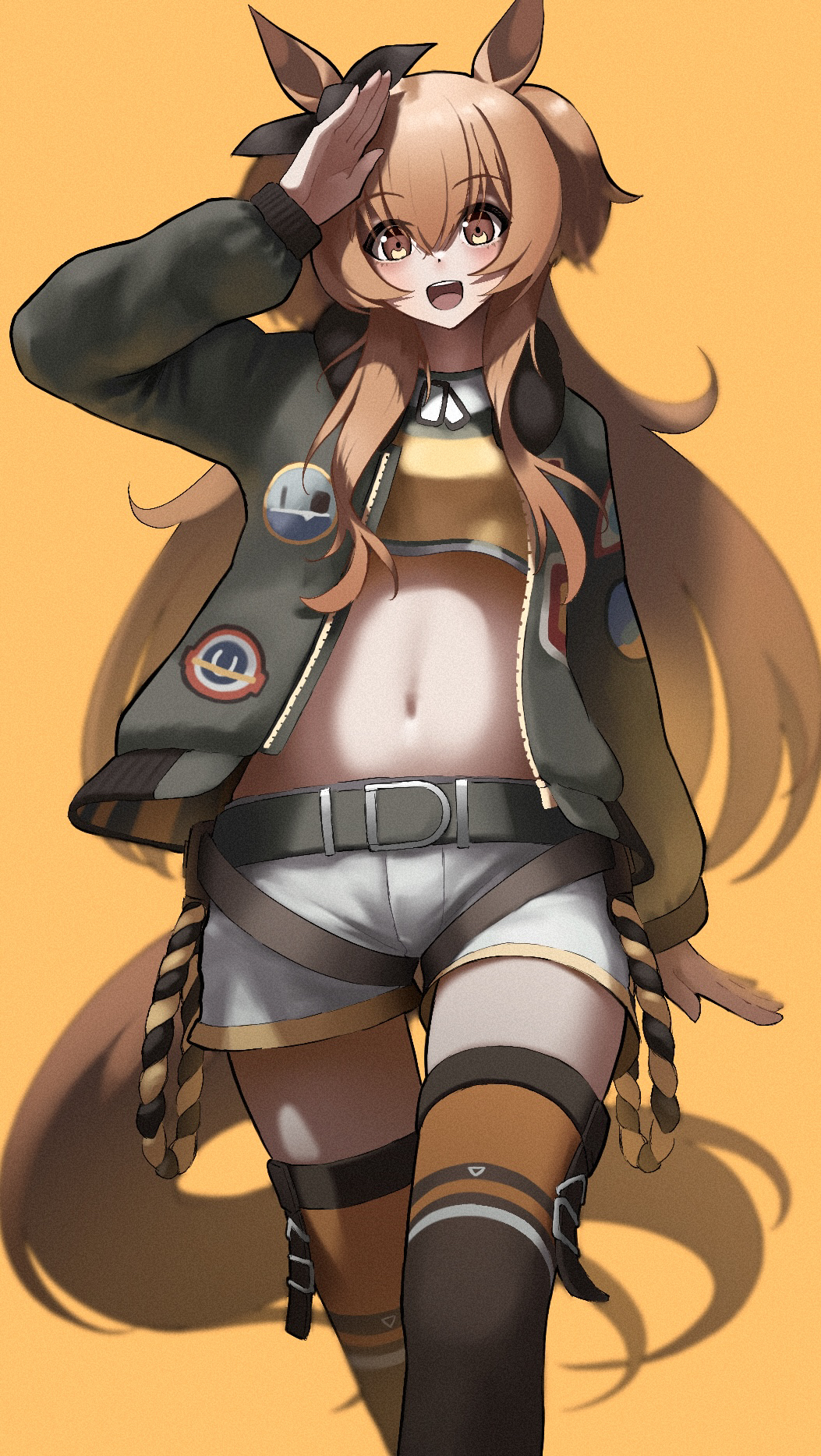 1girl :d animal_ears arm_up bangs belt black_belt black_jacket blush brown_eyes brown_hair commentary cowboy_shot crop_top eyebrows_visible_through_hair grey_shorts hair_between_eyes highres horse_ears horse_tail jacket long_hair long_sleeves looking_at_viewer mayano_top_gun_(umamusume) midriff navel nsb36046_(na) open_clothes open_jacket open_mouth salute shirt short_shorts shorts simple_background smile solo standing stomach tail thigh-highs two_side_up umamusume very_long_hair yellow_background yellow_shirt