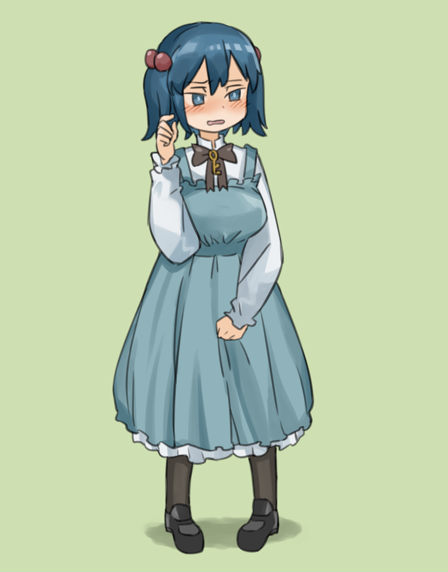 1girl alternate_costume black_bow black_bowtie black_footwear blue_dress blue_eyes blue_hair blush bow bowtie brown_hair brown_legwear dress embarrassed green_background hair_bobbles hair_ornament hand_up kawashiro_nitori long_sleeves medium_hair okbnkn pantyhose parted_lips pigeon-toed pinafore_dress shirt shoes simple_background solo standing touhou twintails white_shirt