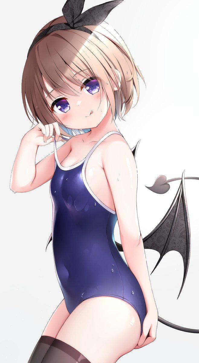 blue_eyes blue_swimsuit blush brown_hair child collarbone commentary_request competition_school_swimsuit demon_girl demon_tail demon_wings eyebrows_visible_through_hair flat_chest hair_ribbon hairband hand_on_own_ass hand_up hatsuhi highres looking_at_viewer navel original pulled_by_self ribbon school_swimsuit short_hair skindentation swimsuit tail thigh-highs thighs tongue tongue_out wet white_background wings