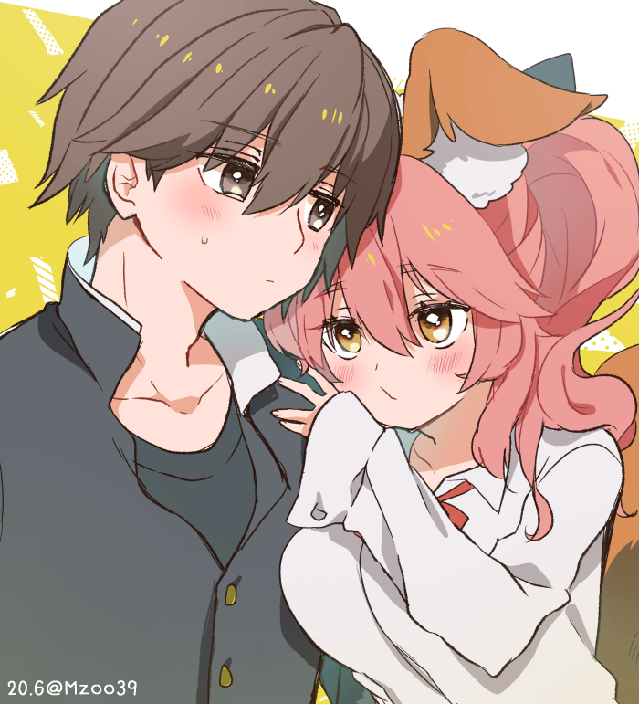 1boy 1girl animal_ear_fluff animal_ears artist_name bangs black_shirt blush breasts brown_eyes brown_hair collarbone commentary_request eyebrows_visible_through_hair fate/extella fate/extra fate/extra_ccc fate_(series) fox_ears fox_girl fox_tail hair_between_eyes hand_on_another's_shoulder hetero kishinami_hakuno_(male) large_breasts long_hair long_sleeves looking_at_another mzoo39 pink_hair shirt sweatdrop tail tamamo_(fate) tamamo_no_mae_(fate/extra) tamamo_no_mae_(jk)_(fate) tsukumihara_academy_uniform_(fate/extra_ccc) twitter_username upper_body white_shirt yellow_eyes