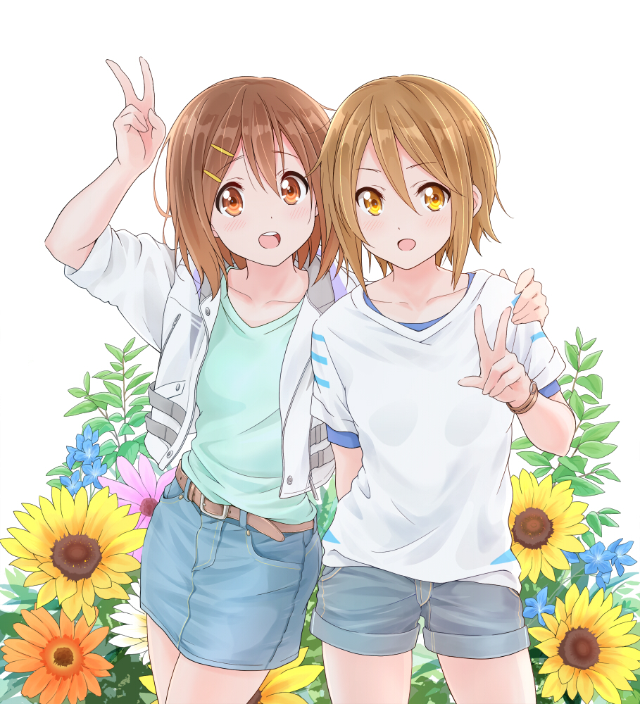 2girls :d arm_up bangs belt blue_shirt brown_eyes brown_hair collarbone commentary_request denim denim_skirt dresstrip eyebrows_visible_through_hair flower green_shirt hair_between_eyes hair_ornament hairband hairclip hand_on_another's_shoulder hirasawa_yui jacket k-on! looking_at_viewer multiple_girls open_clothes open_jacket open_mouth shirt short_hair short_sleeves shorts simple_background skirt smile sunflower tainaka_ritsu v watch watch white_background white_jacket white_shirt yellow_hairband