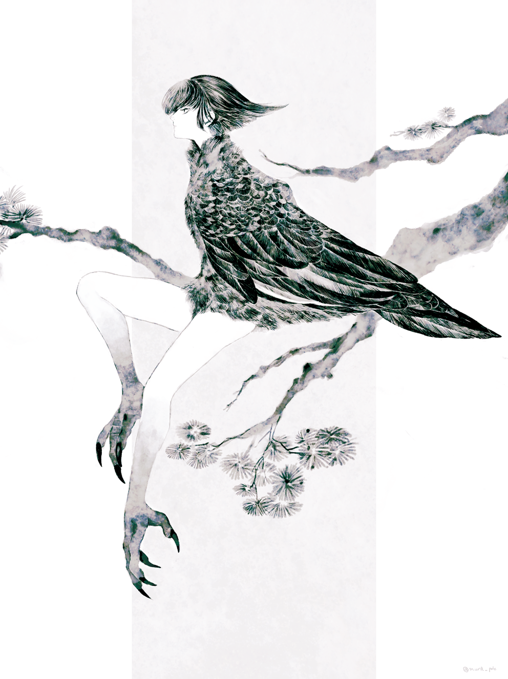 1girl bangs branch commentary_request flipped_hair from_side full_body grey_background greyscale harpy highres in_tree knee_up looking_away monochrome monster_girl original pole_mura profile short_hair sidelocks sitting solo talons tree winged_arms