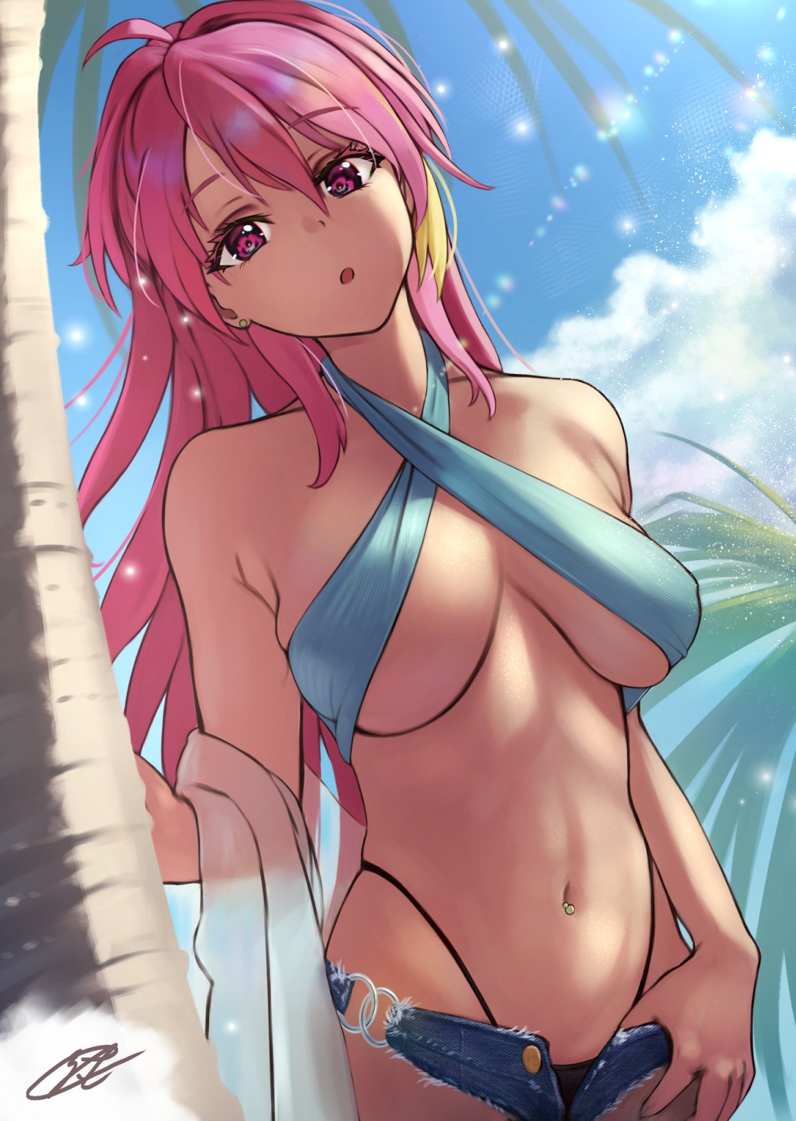 1girl abs bare_shoulders bikini blue_shorts breasts c_(theta) clouds collarbone cowboy_shot denim denim_shorts eyebrows_visible_through_hair hair_between_eyes highres idolmaster idolmaster_million_live! large_breasts lens_flare looking_at_viewer maihama_ayumu mismatched_bikini multi-strapped_bikini multicolored_hair navel open_mouth outdoors palm_leaf palm_tree pink_eyes pink_hair shorts signature sky solo stomach swimsuit tree unbuttoned unbuttoned_shorts