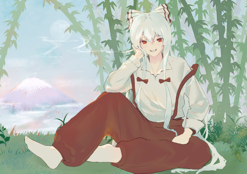 1girl bamboo barefoot blush bow cigarette cly0116 collared_shirt commentary day eyebrows_visible_through_hair fujiwara_no_mokou full_body full_moon grass grin hair_between_eyes hair_bow holding holding_cigarette leaf long_hair long_sleeves looking_at_viewer moon mountain on_ground pants red_eyes red_pants shirt sidelocks sitting sky sleeve_cuffs smile smoke solo suspenders teeth touhou white_bow white_hair white_shirt
