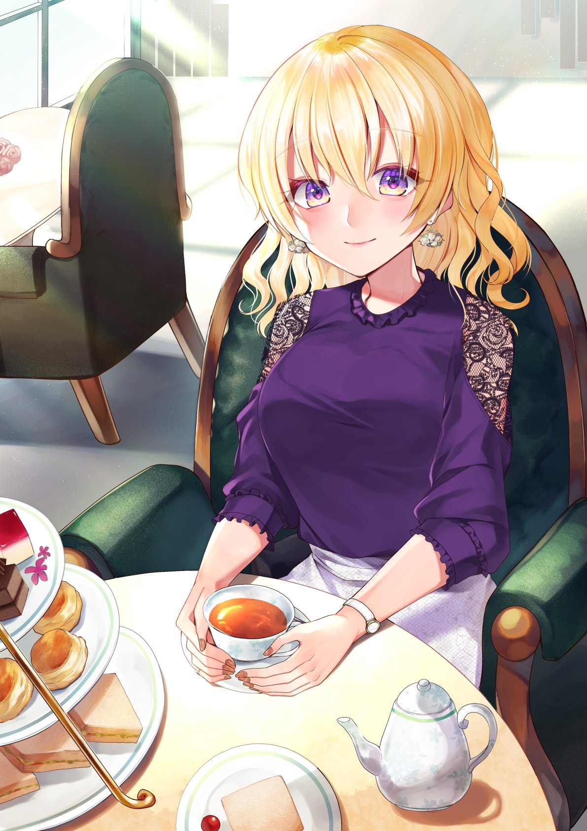 1girl alternate_costume bangs blonde_hair blush breasts brown_nails cake chair commentary_request commission cream_puff cup earrings eyebrows_visible_through_hair fingernails floral_print food highres jewelry kaede_(mmkeyy) lace_trim large_breasts light_rays lips maribel_hearn nail_polish plate purple_shirt sandwich shadow shirt short_hair skeb_commission smile solo sunbeam sunlight table tablecloth tea teacup teapot tile_floor tiles touhou violet_eyes watch