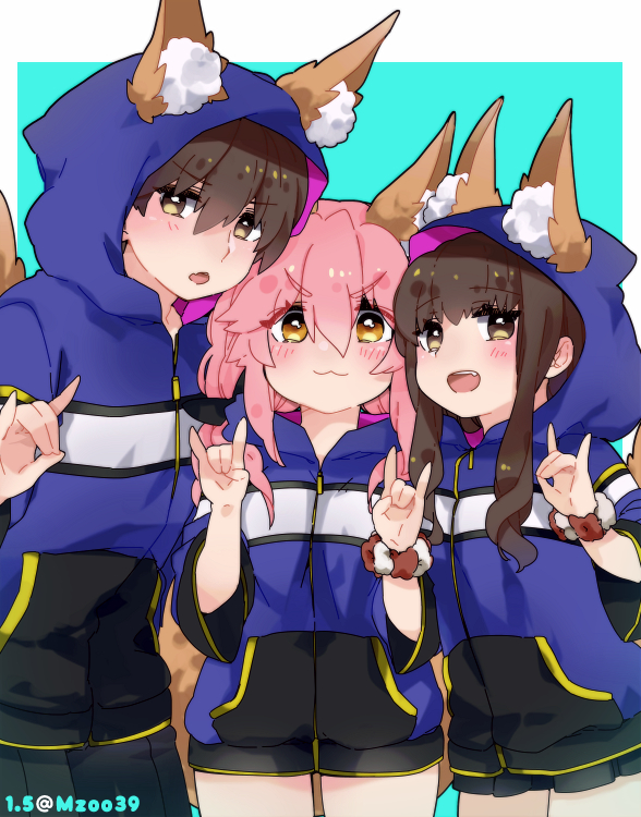 1boy 2girls :3 :d :o animal_ear_fluff animal_ears artist_name bangs blue_background blue_hoodie blush brown_eyes brown_hair closed_mouth commentary_request cowboy_shot double_fox_shadow_puppet eyebrows_visible_through_hair fang fate/extra fate/extra_ccc fate_(series) fox_ears fox_girl fox_shadow_puppet fox_tail hair_between_eyes hood hood_up hoodie kishinami_hakuno_(female) kishinami_hakuno_(male) long_hair long_sleeves looking_at_another looking_at_viewer multiple_girls mzoo39 open_mouth pink_hair sidelocks skin_fang smile standing tail tamamo_(fate) tamamo_no_mae_(fate/extra) teeth twitter_username wristband yellow_eyes