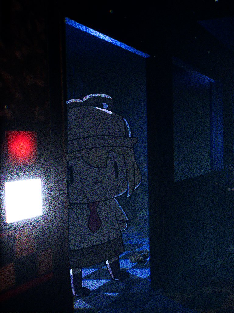 1girl blonde_hair checkered_floor commentary coom_rad english_commentary film_grain five_nights_at_freddy's hair_between_eyes hat hololive hololive_english indoors looking_at_viewer necktie skirt smol_ame solo standing watson_amelia