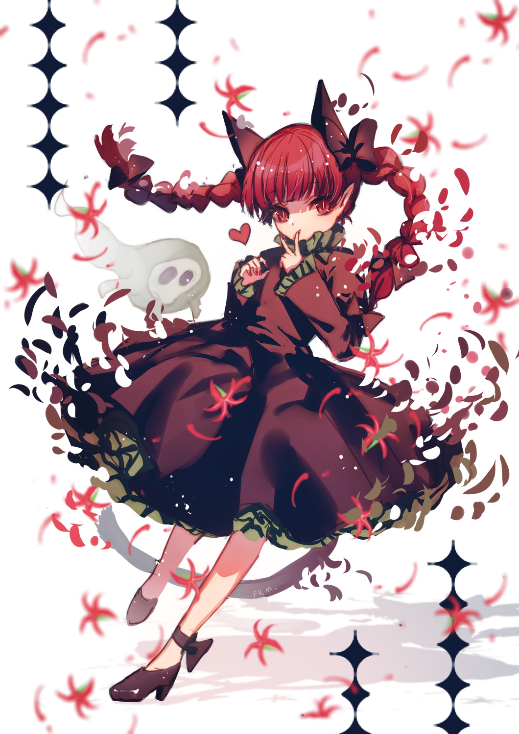 1girl animal_ears ankle_bow bangs black_bow black_dress black_footwear blunt_bangs bow braid cat_ears cat_tail commentary dress extra_ears eyebrows_visible_through_hair finger_to_mouth fingernails frilled_dress frilled_sleeves frills full_body hair_bow hands_up heart high_heels highres kaenbyou_rin long_sleeves looking_at_viewer nail_polish nekomata pointy_ears red_eyes red_nails slit_pupils solo tail touhou twin_braids yasato