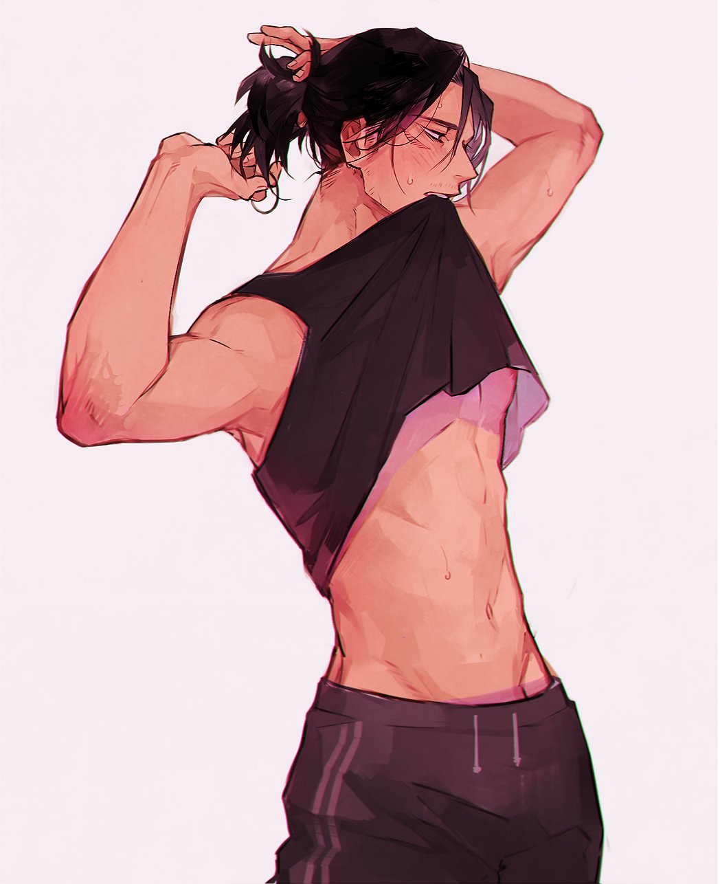 1boy abs black_hair black_tank_top boku_no_hero_academia eraser_head_(boku_no_hero_academia) facial_hair hair_tie highres male_focus mouth_hold navel nipples pants ponytail scar scar_on_cheek scar_on_face shirt_in_mouth simple_background solo stubble sweatdrop sweatpants tank_top tian_(den_z_z) toned toned_male tying_hair white_background