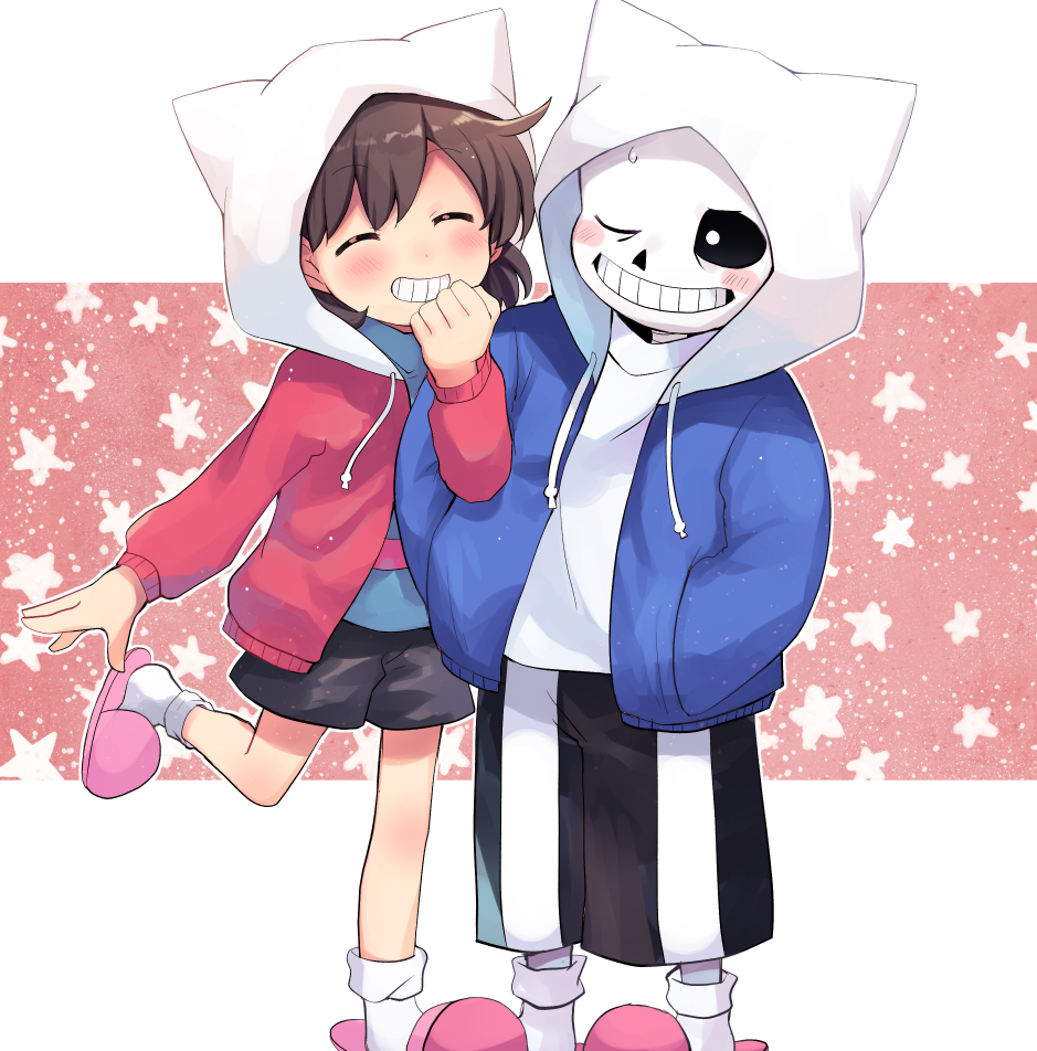 1boy 1girl animal_hood bangs black_shorts blue_hoodie blue_shirt blush brown_hair cat_hood closed_eyes frisk_(undertale) full_body hand_in_pocket hand_up hood hoodie leg_up long_sleeves looking_at_another one_eye_closed pink_background pink_hoodie pink_legwear red_hoodie sans shirt short_hair short_shorts shorts skeleton smile socks standing star_(sky) striped striped_shirt undertale white_background white_hood white_legwear white_shirt xox_xxxxxx