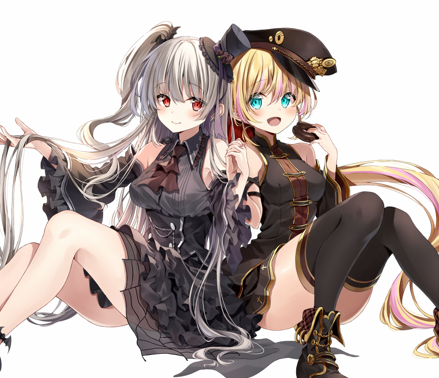 2girls aqua_eyes arm_strap ascot bangs black_ascot black_blouse black_dress black_footwear black_headwear black_legwear black_skirt black_sleeves blonde_hair blouse boots collared_dress detached_sleeves dress eyebrows_visible_through_hair food frilled_dress frilled_sleeves frills grey_hair hand_in_own_hair hat holding holding_food holding_hands interlocked_fingers kakao_rantan long_hair mini_hat mini_top_hat miniskirt multiple_girls one_side_up original peaked_cap pleated_skirt ponytail red_eyes scarum_(kakao_rantan) side-by-side simple_background skirt sleeveless sleeveless_blouse sleeveless_dress sugar_(kakao_rantan) thigh-highs tilted_headwear top_hat very_long_hair white_background white_sleeves