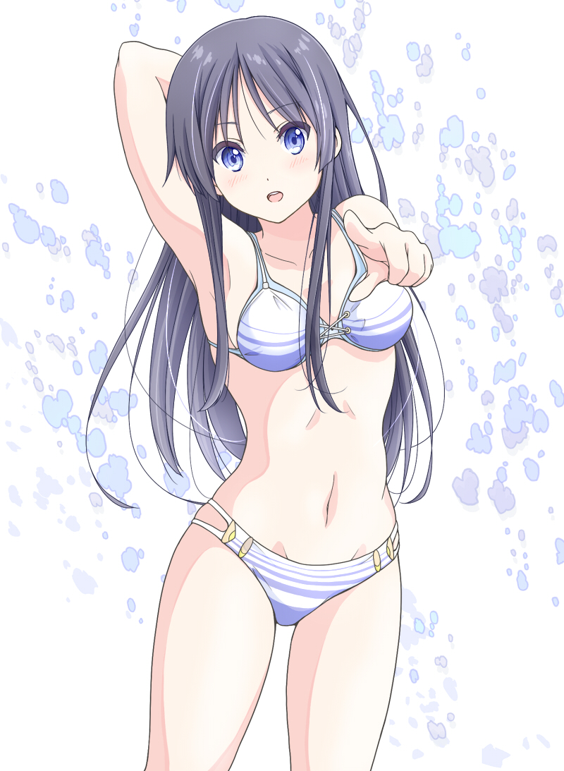 1girl :d akiyama_mio arm_up armpits bangs bare_shoulders bikini black_hair blue_eyes collarbone commentary_request dresstrip eyebrows_visible_through_hair k-on! long_hair looking_at_viewer navel open_mouth pointing pointing_at_viewer simple_background smile solo striped striped_bikini swimsuit thighs white_background