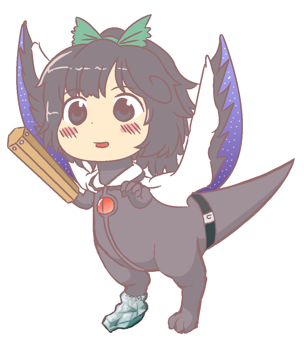 1girl anonymous_(japanese) arm_cannon bangs bird_wings black_hair black_wings blush bow cape control_rod expressionless eyebrows_visible_through_hair full_body green_bow grey_eyes gyate_gyate hair_bow medium_hair open_mouth reiuji_utsuho shiny shiny_hair simple_background solo starry_sky_print third_eye touhou transparent_background tyrannosaurus_rex wavy_hair weapon white_cape wings
