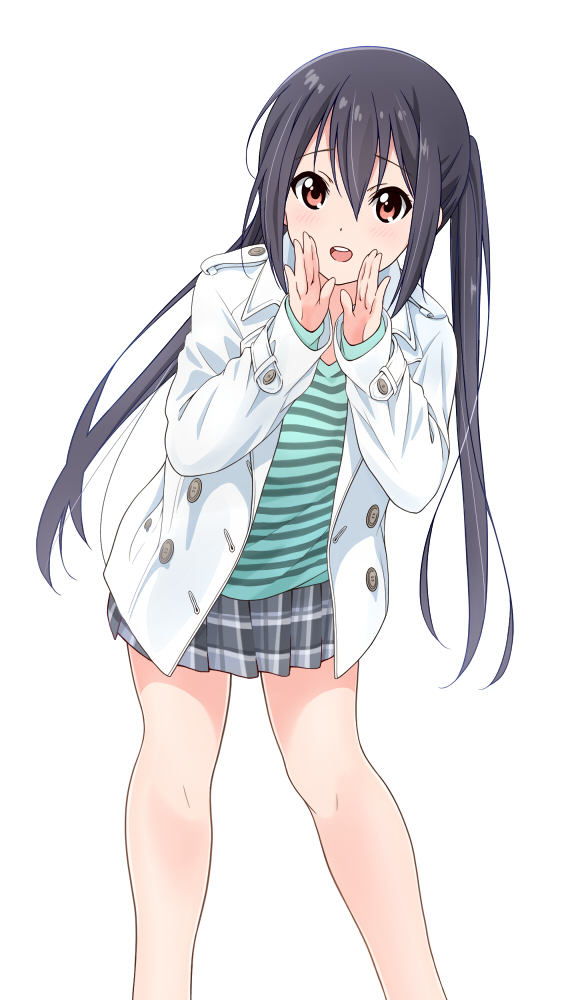 1girl bangs black_hair brown_eyes casual commentary_request dresstrip eyebrows_visible_through_hair green_shirt hair_between_eyes jacket k-on! long_hair long_sleeves nakano_azusa open_clothes open_jacket open_mouth plaid plaid_skirt shirt simple_background skirt smile solo striped striped_shirt teeth thighs twintails upper_teeth white_background white_jacket