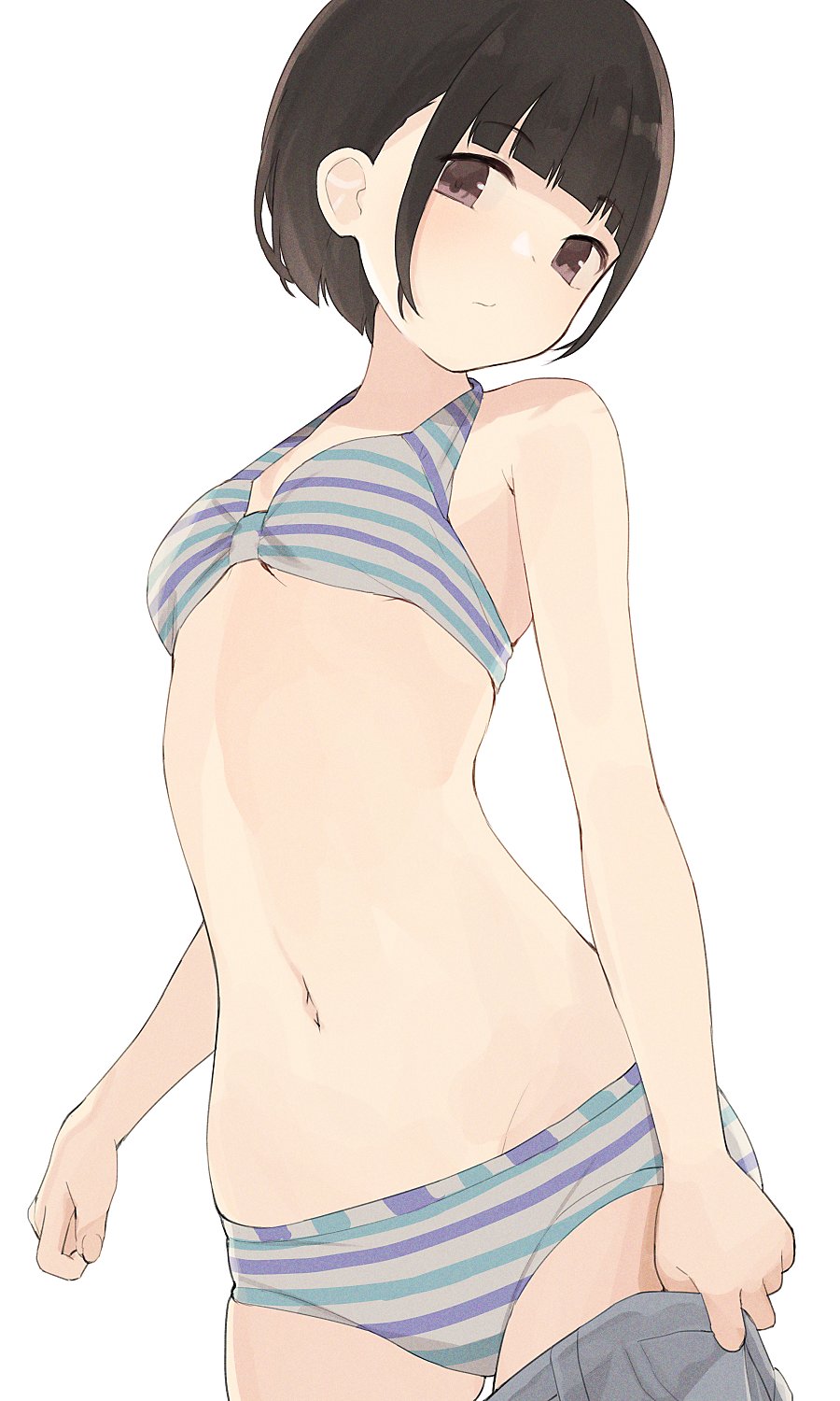 bangs black_hair breasts brown_eyes clenched_hand expressionless groin highres hiroki_(yyqw7151) light_blush looking_at_viewer multicolored_clothes multicolored_swimsuit navel original short_hair sideways_glance small_breasts solo stomach striped striped_swimsuit swimsuit undressing