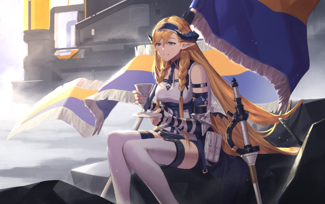 1girl arknights arm_strap bangs bare_shoulders blonde_hair blue_eyes blue_hairband blue_necktie breasts commentary cup elbow_gloves english_commentary feet_out_of_frame fingerless_gloves flag gloves grin hair_between_eyes hairband holding holding_cup holding_saucer horns large_breasts long_hair manjyufroth necktie planted planted_sword rapier saileach_(arknights) saucer shirt sitting smile solo sword teacup thigh-highs very_long_hair weapon white_legwear white_shirt