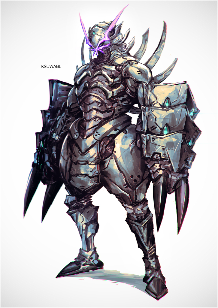 armor artist_name full_body glowing golisopod grey_background humanization k-suwabe pokemon pokemon_(creature) simple_background solo standing