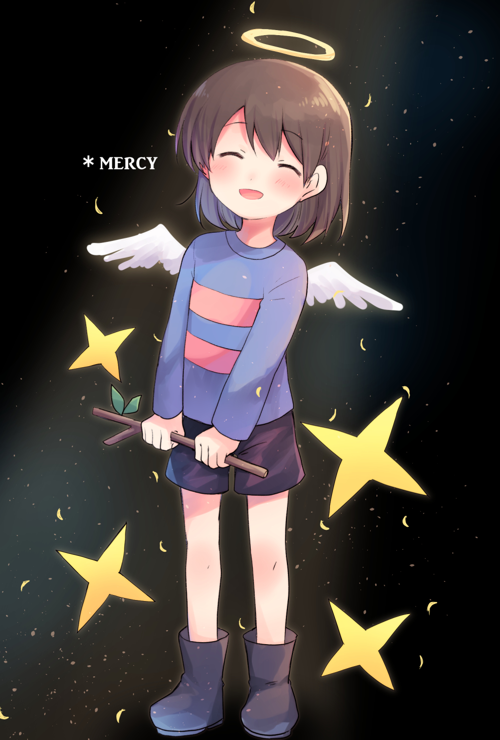 1girl bangs black_background black_legwear black_shorts boots brown_hair closed_eyes falling_leaves frisk_(undertale) full_body halo head_tilt highres holding holding_stick leaf light_particles light_rays long_hair open_mouth purple_shirt shirt short_hair shorts simple_background standing star_(symbol) stick striped striped_shirt undertale wings xox_xxxxxx