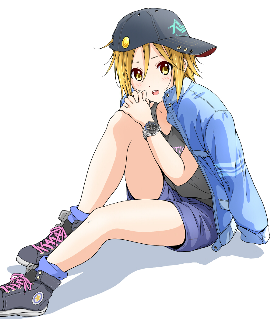 1girl bangs baseball_cap black_footwear black_shirt blue_jacket blue_shorts blush brown_eyes brown_hair commentary_request dresstrip hair_between_eyes hat jacket k-on! knee_up looking_at_viewer open_clothes open_jacket open_mouth shadow shirt shoes short_hair shorts sitting sneakers solo tainaka_ritsu teeth thighs upper_teeth