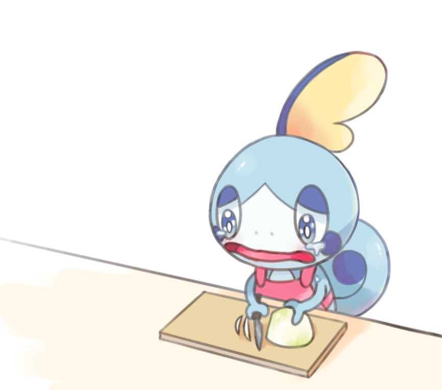 blue_eyes bright_pupils chopping commentary_request cutting_board frown happi_xfyg holding holding_knife knife looking_down no_humans onion open_mouth pokemon pokemon_(creature) sobble solo tearing_up tongue white_pupils